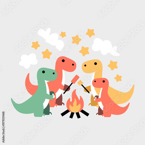 Three dinosaurs having a campfire with marshmallows under starry sky