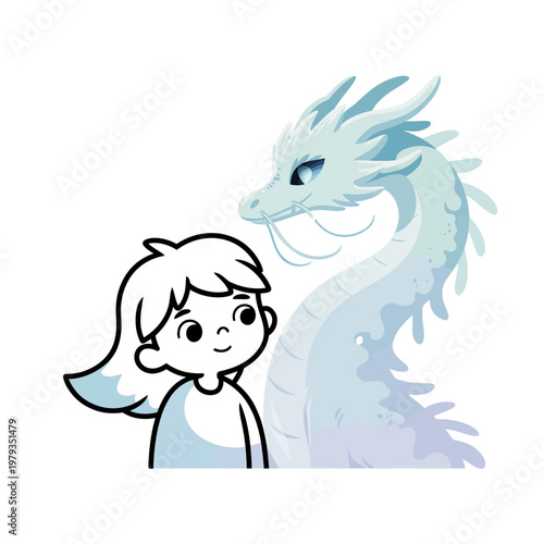 Smiling girl and friendly cartoon dragon in soft pastel colors fantasy creature and child friendship
