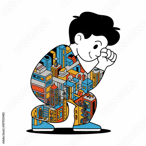 Smiling cartoon character with cityscape body colorful urban illustration vibrant city life modern metropolis whimsical design