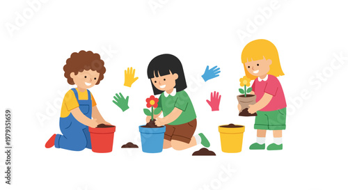 Three diverse children are happily engaged in planting vibrant flowers into colorful pots, illustrating a fun and educational gardening activity.