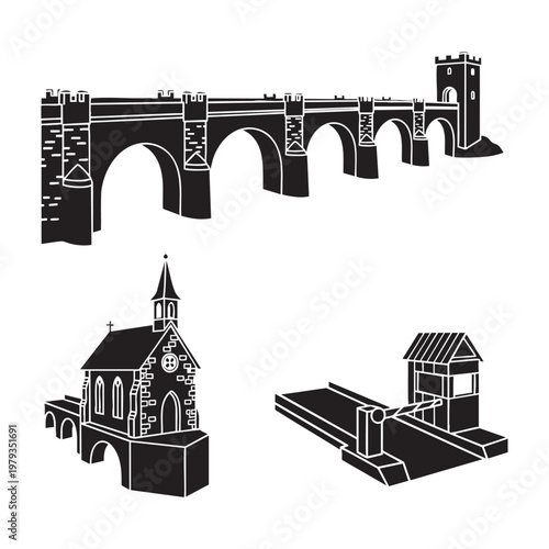 Medieval Stone Bridge Icons Arch Bridge Chapel Toll Booth Silhouette Vector Set