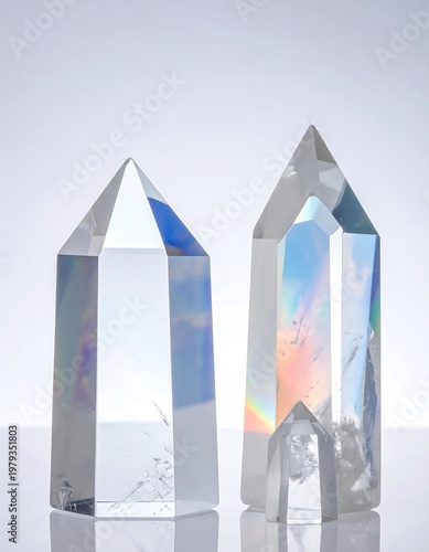 Three transparent crystal towers, refracting light on a white background