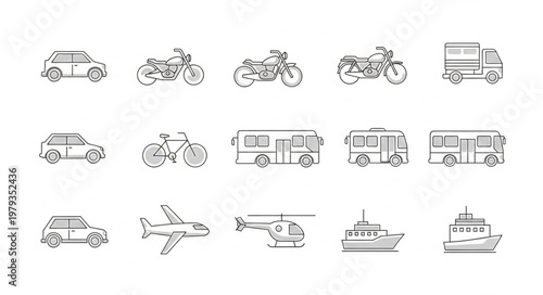 Collection of Hand Drawn Transportation Vehicles and Modes of Travel.