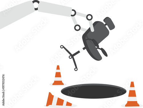 Robot hand dropping an office chair into a hole with warning cones