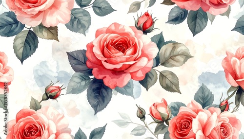Soft watercolor floral pattern featuring blooming roses, buds, and foliage. The roses have varying stages of blooms, and leaves are detailed