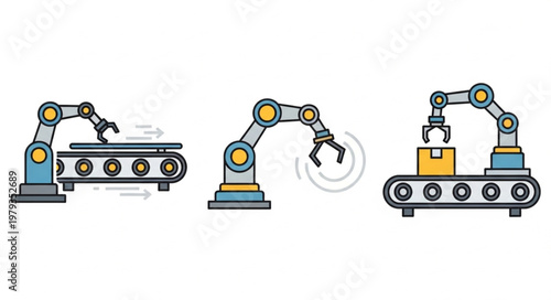 Robotic Arms on Conveyor Belts in a Factory Setting.