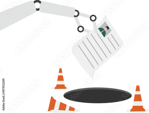 Robot hand dropping a resume into a hole with warning cones