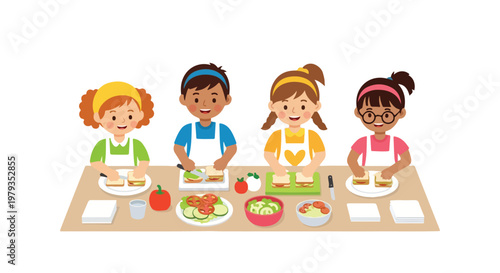 Four diverse and happy children are gathered around a table to prepare healthy vegetable sandwiches together during a fun cooking lesson.