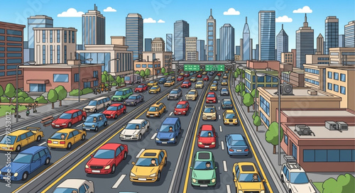 Busy city highway with heavy traffic and skyscrapers.