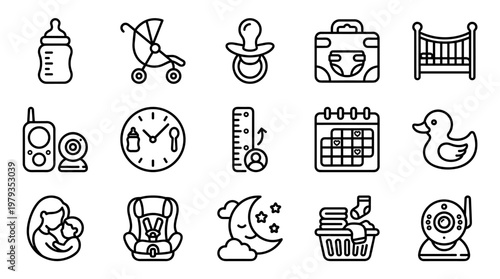 Baby care icons, nursery symbols, parenting signs, black line illustrations