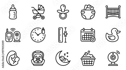 Baby, parenting, and childcare icons, 15 black line icons, vector set