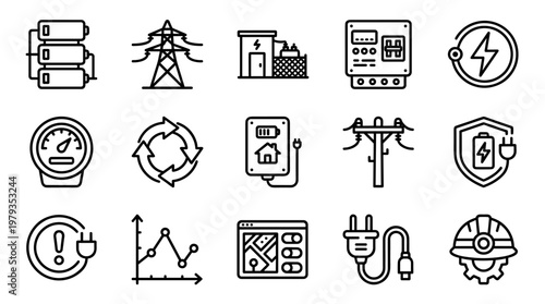 Electricity, power, and energy icons, 16 black line icons, set of industrial symbols