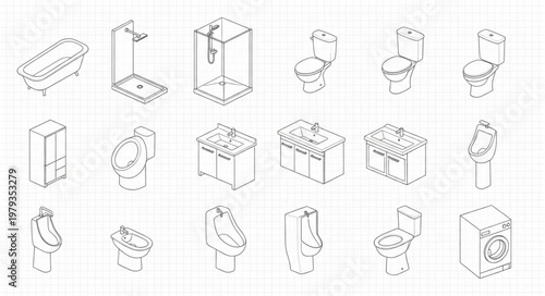 Collection of bathroom fixtures and plumbing elements.