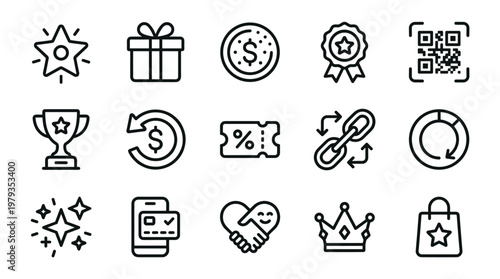 Black line icons set, 13 business and reward symbols, including gift, star, trophy, and money bag