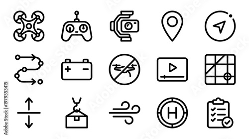 Drone, technology, navigation, media icons, 16 symbols, line style, black and white