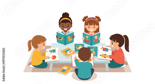 Five diverse children are sitting around a table, happily reading and looking at colorful picture books in this flat vector illustration.