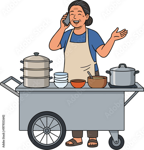 Woman on phone standing beside food cart with cooking pots outside