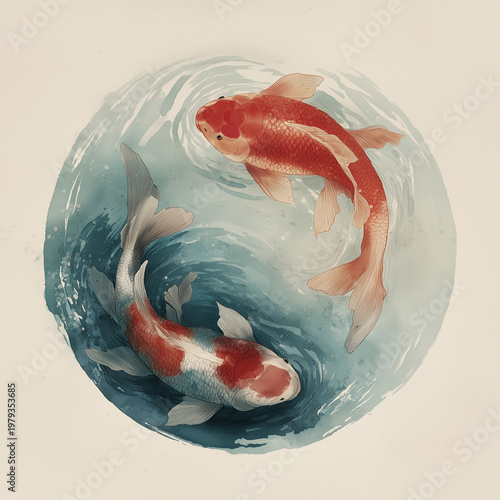 two koi fish swimming in circular yin yang formation, Japanese ink and wash style