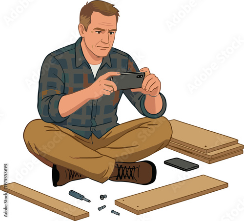 Man assembling furniture with power drill on floor indoors