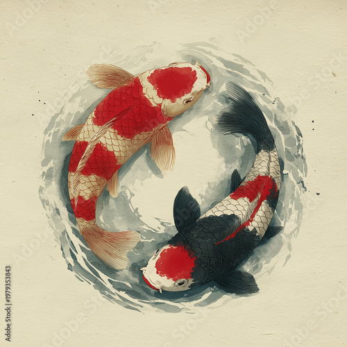 two koi fish swimming in circular yin yang formation, Japanese ink and wash style