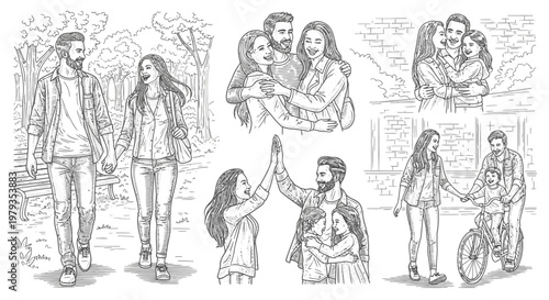 Family and couple sketches showing various activities and joyful moments