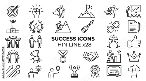Icons related with success, motivation, willpower, leadership, determination and growth. Vector pictogram thematic set. Objects and dynamic character actions