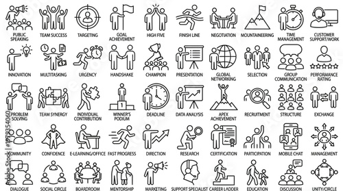 Set of 55 people icons. Vector thin line illustrations for concepts related with people, business, success, teamwork, workplace, diversity and many others
