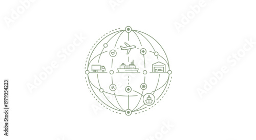 Global logistics and transportation network illustration on white background