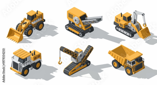 Collection of isometric construction vehicles and heavy machinery, including excavators, loaders, and dump trucks, isolated on a white background.