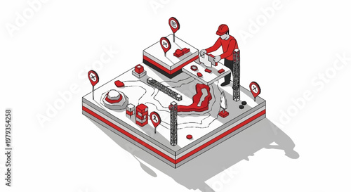 Isometric illustration of a person working on a construction site with blueprints and tools.