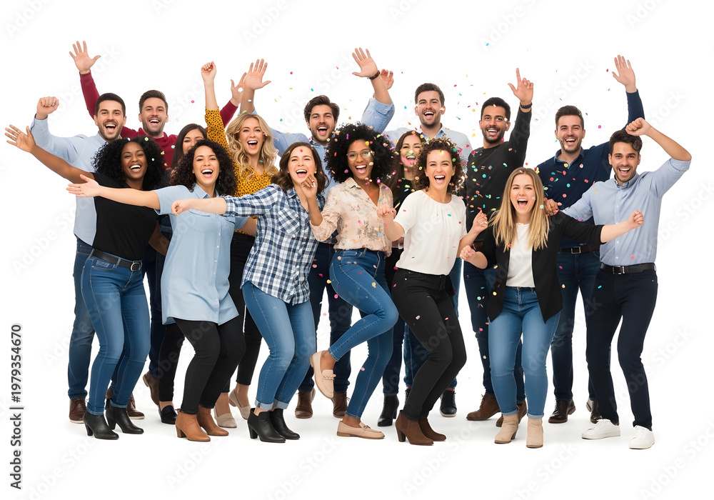 Obraz premium Happy multicultural team of professionals smiling and raising hands in a modern office, conveying teamwork, success, and positive workplace culture. Ideal for business, corporate, and motivational