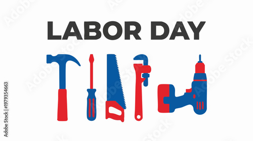 Labor Day banner with a collection of red and blue stylized hand tools