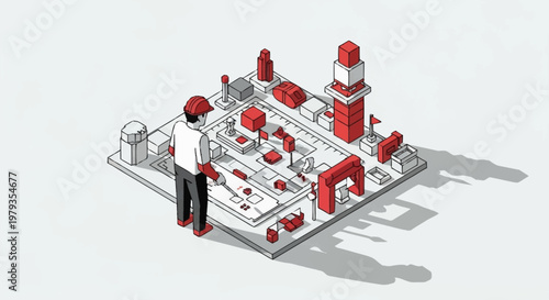 A person in a red cap and white shirt stands over a miniature industrial complex, examining the layout.
