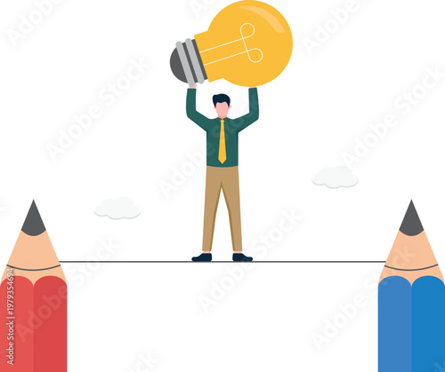 Professional balancing on a tightrope with a lightbulb