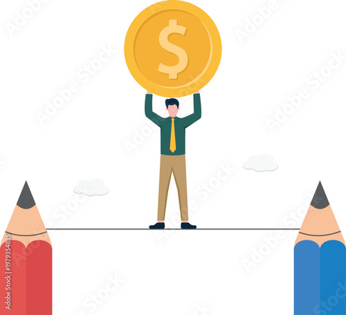 Professional balancing on a tightrope with a gold coin