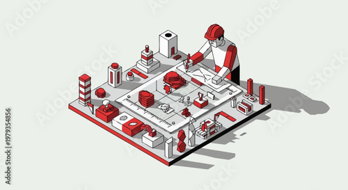 A person is meticulously designing and building a miniature architectural model on a table, surrounded by various building blocks and tools.