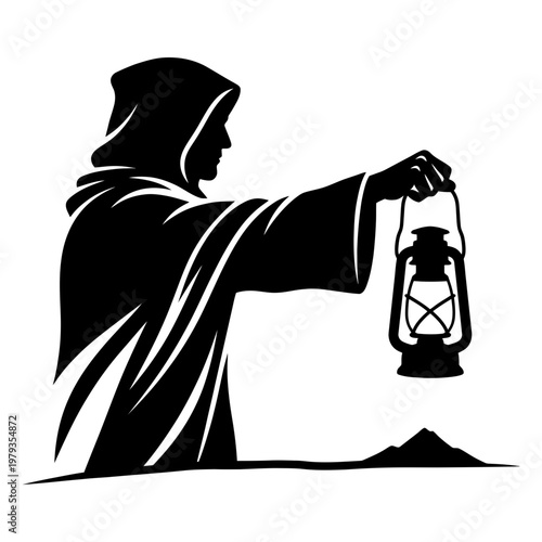 Hooded traveler holding lantern on a distant horizon