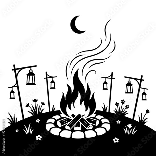 Rustic lantern beside stacked firewood and axe outdoors