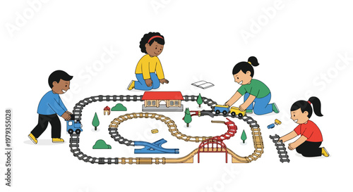 Four diverse children are happily playing together with a large, intricate toy train set featuring tracks, bridges, and a station.