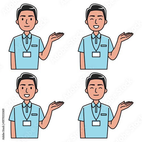 左手で案内する笑顔の外国人男性（ポロシャツ姿）