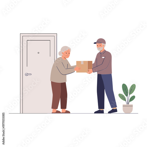 Delivery man handing package to elderly woman at doorstep outside