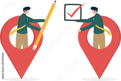 Two professionals connecting via location pins with a pencil