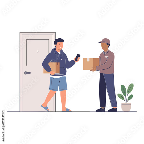 Two men exchange packages at a doorstep with a plant nearby.