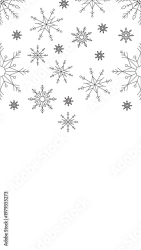 Snowflakes winter black and white vertical top border. December. Seamless upper frame with line art pattern. Flat 2D graphic composition. Falling outline elements. Social media overlay copy space