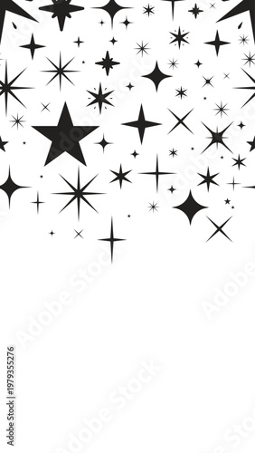 Stars sparkles black and white vertical top border. Celestial. Seamless upper frame with line art pattern. Flat 2D graphic composition. Falling outline elements. Social media overlay copy space