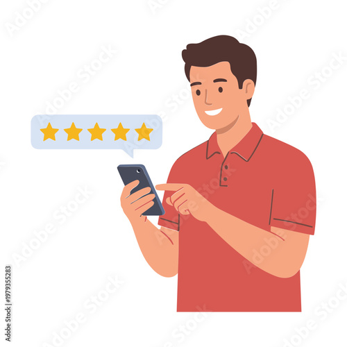 Man reviews rating on phone with stars in speech bubble