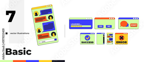 Basic chat and system neo brutalism pop-up UI window pack. Loading bar. Success and error dialog boxes. Isolated user interface elements collection in neubrutalism style. Retro Y2K UX design