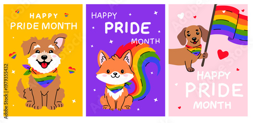 Pride Month Posters with Cute Dog Fox and Rainbow Flag