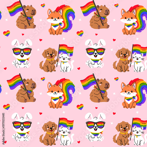 Seamless Pattern with Cute Pride Animals and Rainbow Flags