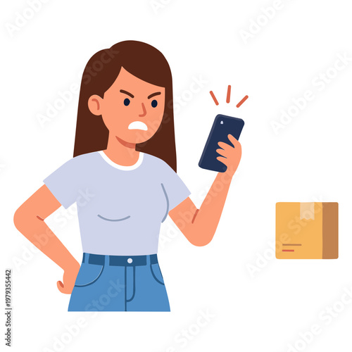Woman shows frustration at phone with package beside her indoors.